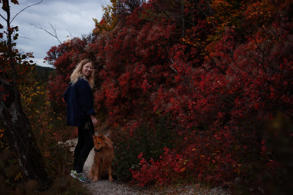 Eine Frau und ihr Hund in der Natur in der Herbstzeit